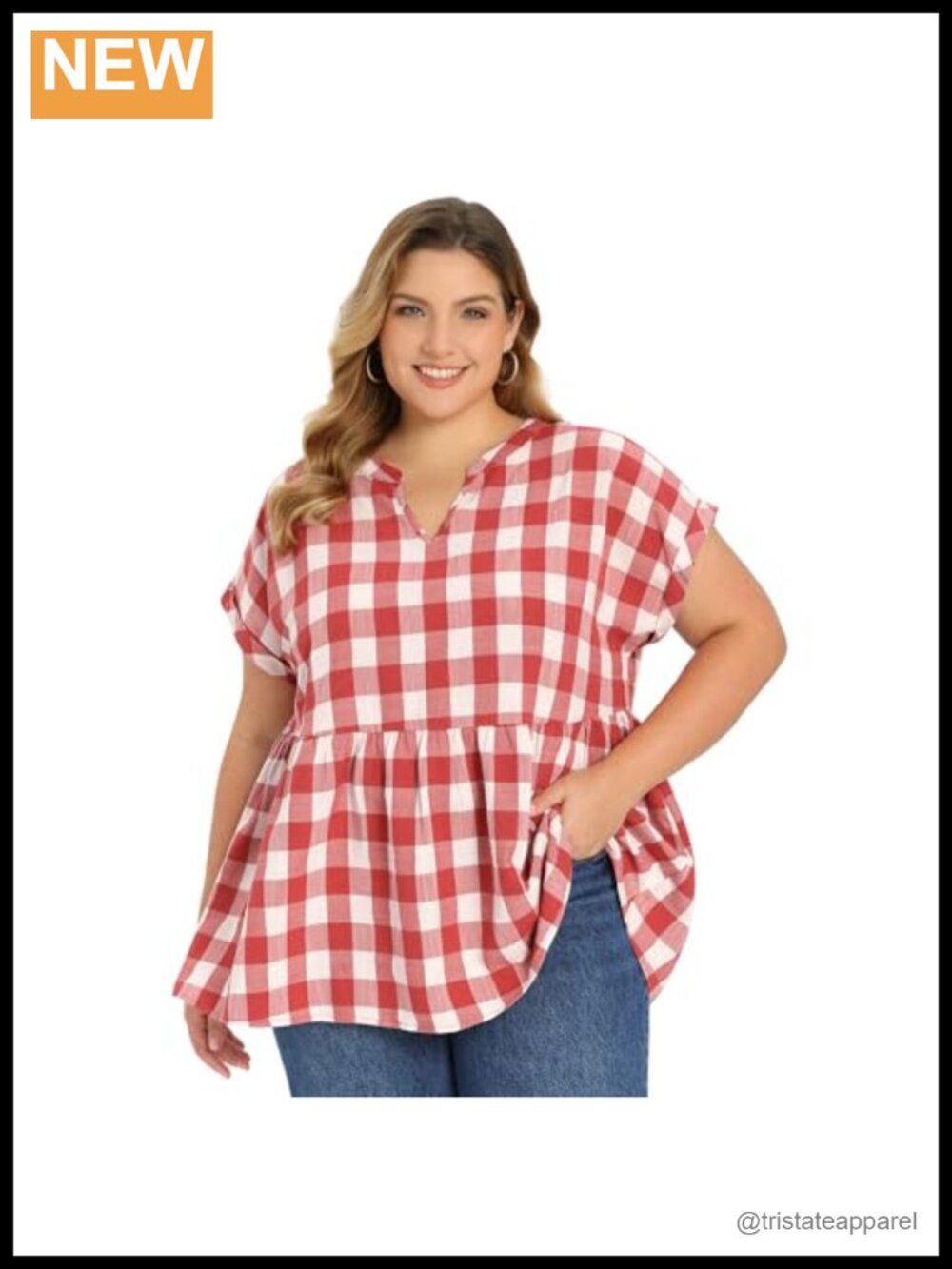 Plus Size Gingham Babydoll Peplum Top Notch V Neck Short Sleeve Blouse Women's
